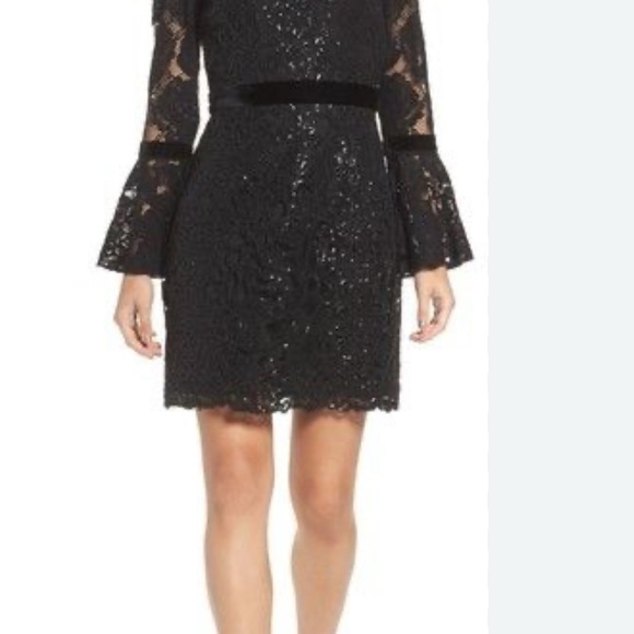 Tadashi Shoji Bell Sleeve Rose And Sequin Lace Dress Sheath Black Womens - Picture 10 of 10